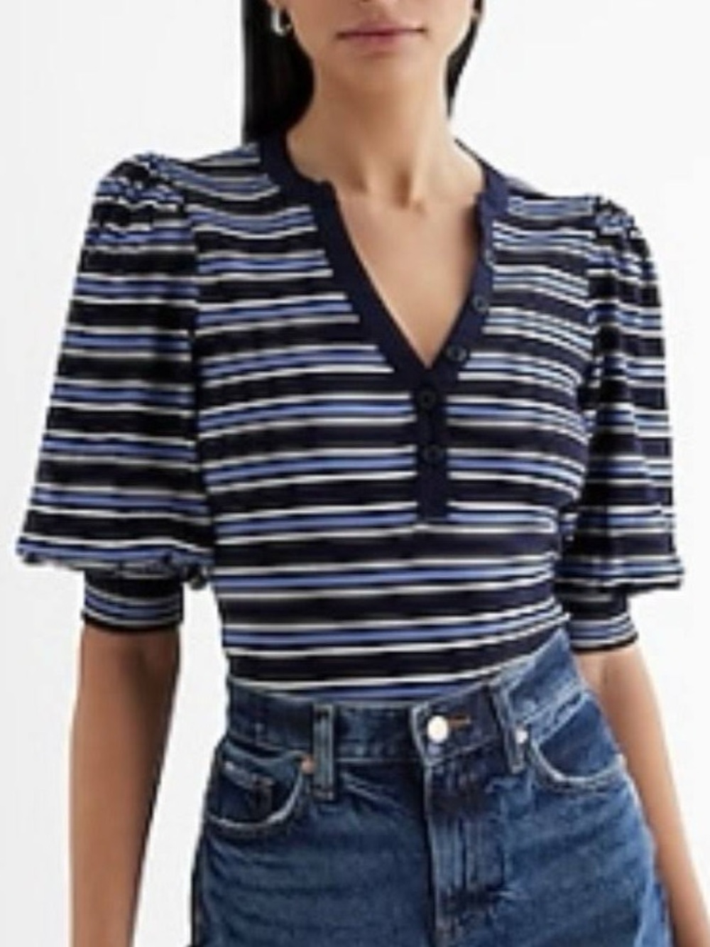 Express Women S Navy Blue Striped Ribbed Casual Puff Sleeve Henley Tee NWT